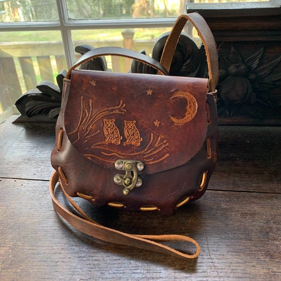Hand Crafted Handbags - Handmade leather cross body purse OWLS MOON boho